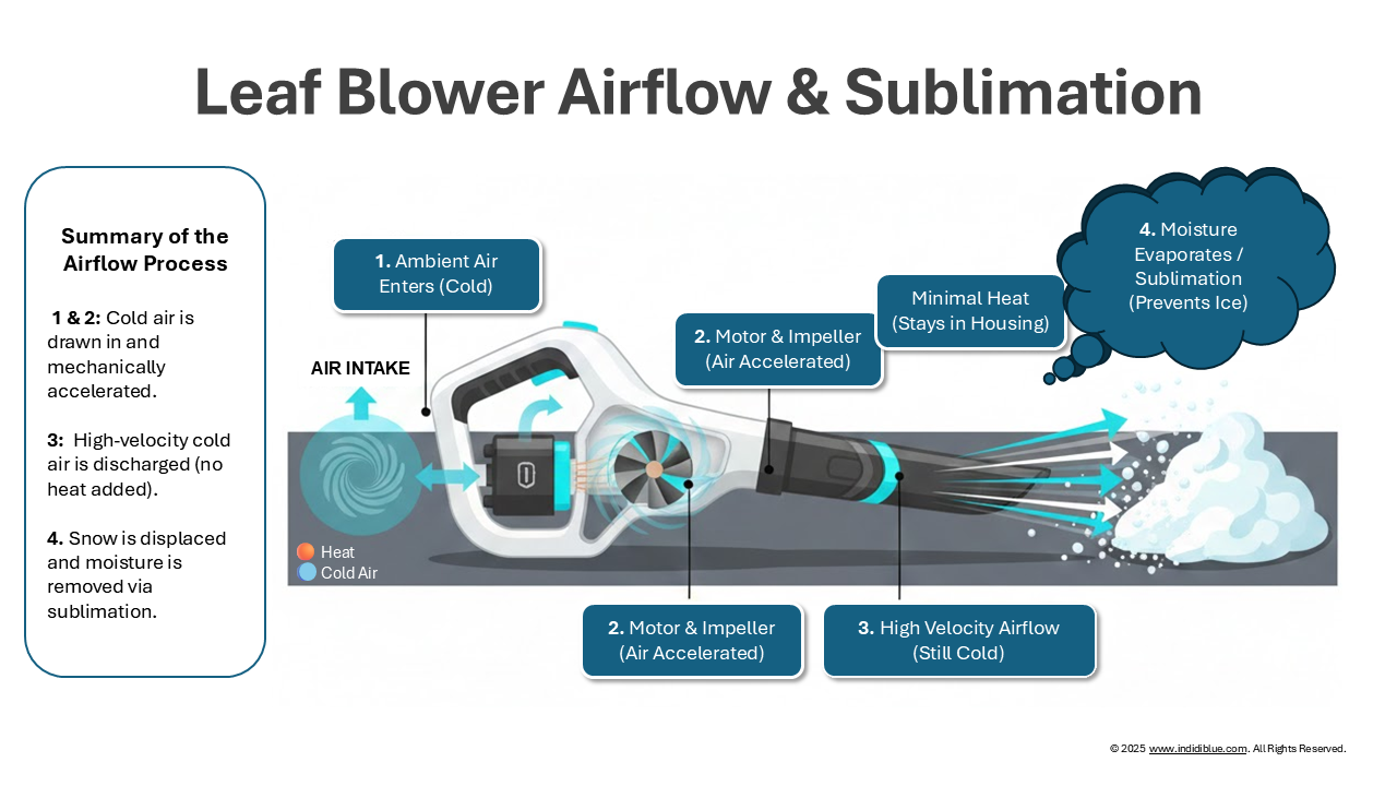 A diagram explaining leaf blower airflow and sublimation.